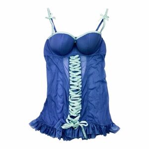 Frederick’s of Hollywood Blue Lace Up Babydoll Chemise Lingerie Size 38